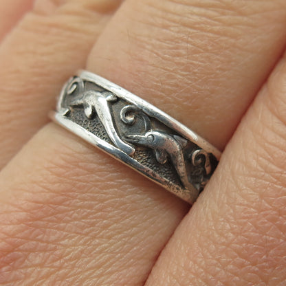 PETER STONE 925 Sterling Silver Vintage Dolphin Oxidized Band Ring Size 8.25