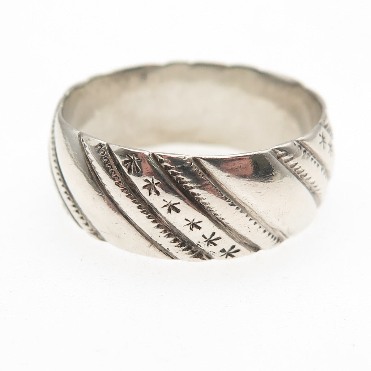 925 Sterling Silver Vintage Modernist Ribbed Oxidized Band Ring Size 13.5