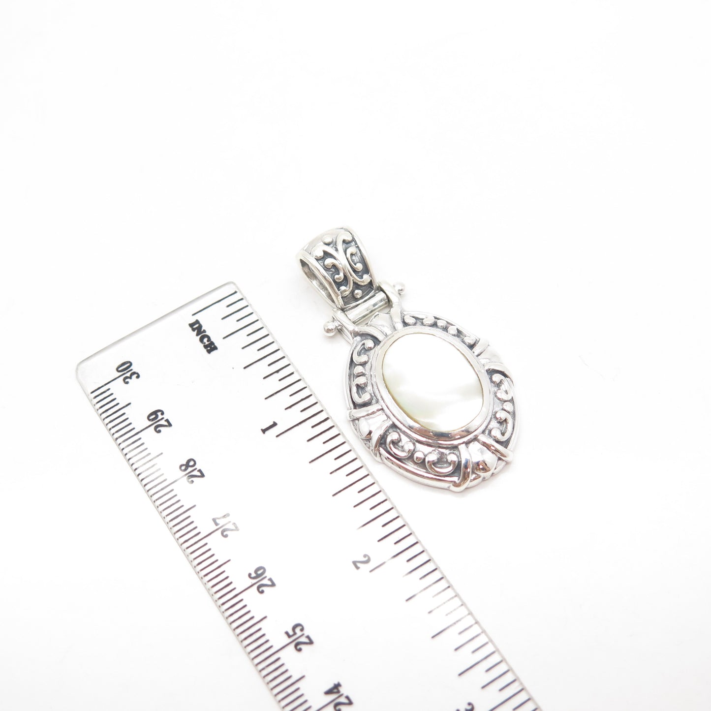 925 Sterling Silver Vintage Real Mother-of-Pearl Ornate Pendant