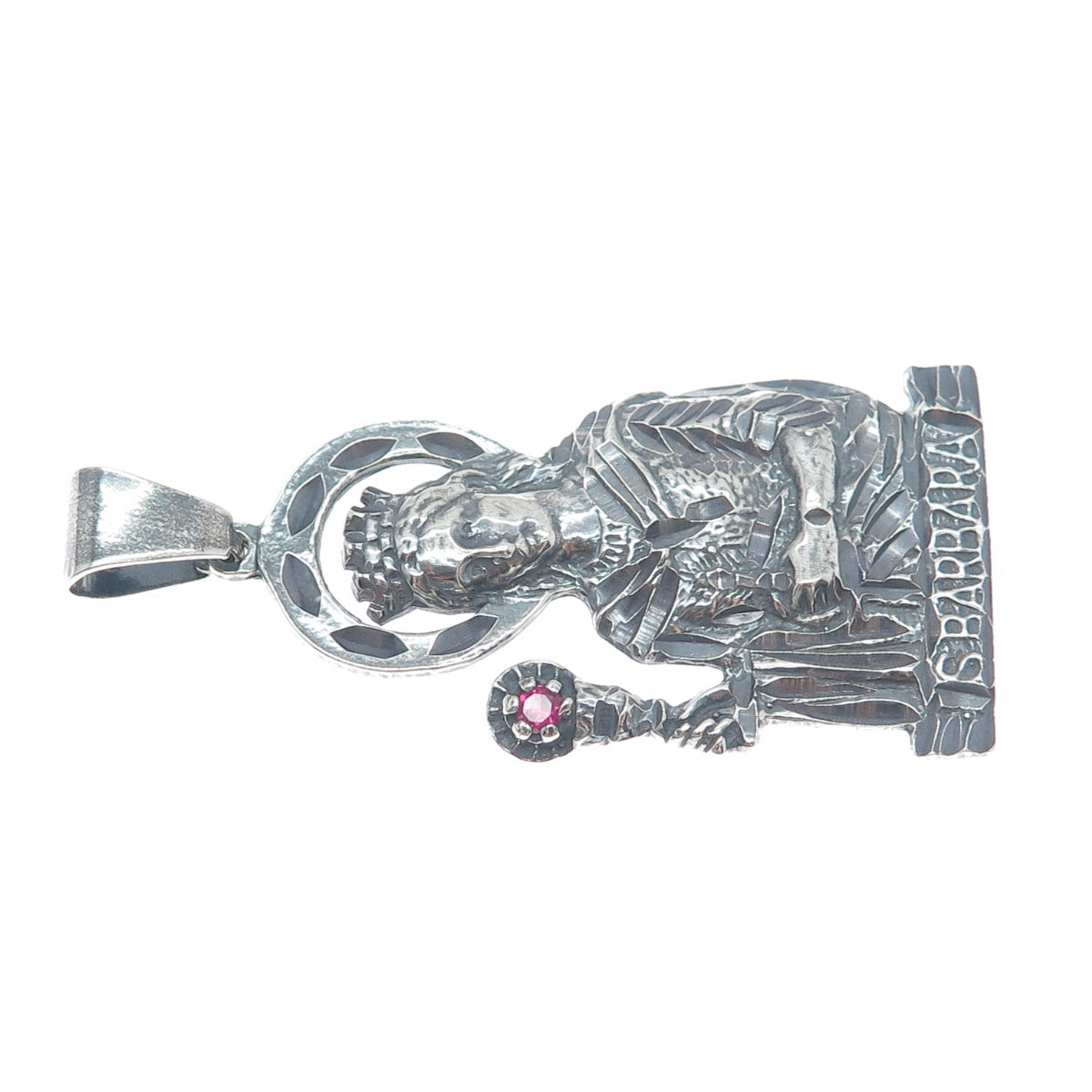925 Sterling Silver Vintage Real Ruby St. Barbara Diamond-Cut Oxidized Pendant