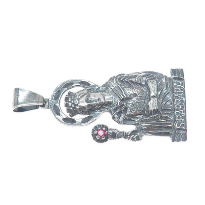 925 Sterling Silver Vintage Real Ruby St. Barbara Diamond-Cut Oxidized Pendant