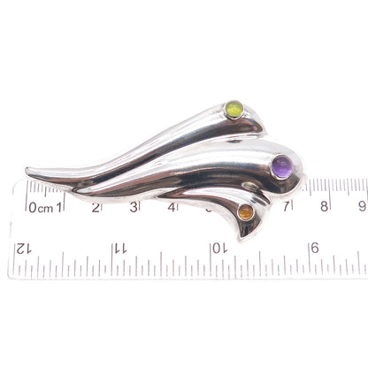 925 Sterling Silver Vintage Real Amethyst Peridot & Citrine Modernist Pin Brooch