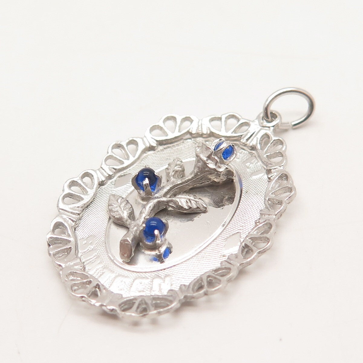 925 Sterling Silver Vintage M & M Blue Glass Floral Pendant