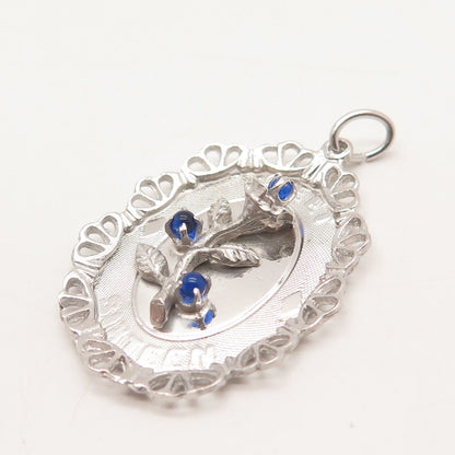 925 Sterling Silver Vintage M & M Blue Glass Floral Pendant