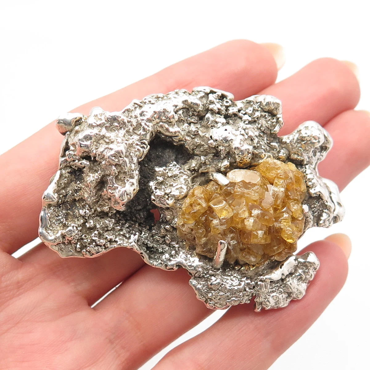 925 Sterling Silver Vintage Real Citrine Gemstone Modernist Pin Brooch