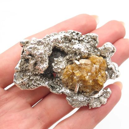 925 Sterling Silver Vintage Real Citrine Gemstone Modernist Pin Brooch