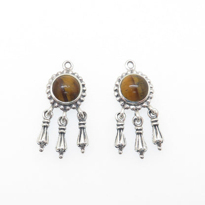 925 Sterling Silver Vintage Real Tiger Eye Modernist Dangle Jacket Earrings