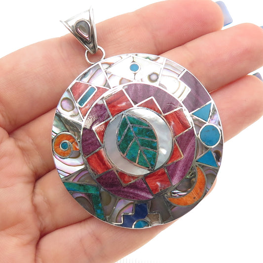 950 Silver Vintage Real Turquoise Abalone Shell MOP Coral Sugilite Large Pendant