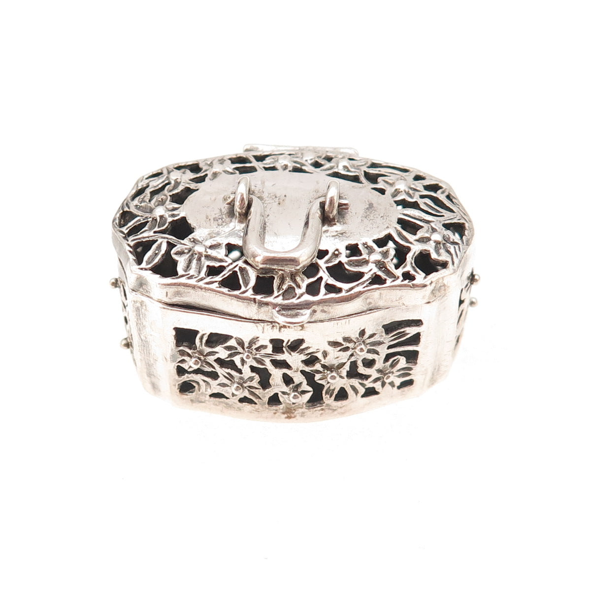 925 Sterling Silver Vintage Floral Oxidized Pill / Snuff Box Pendant
