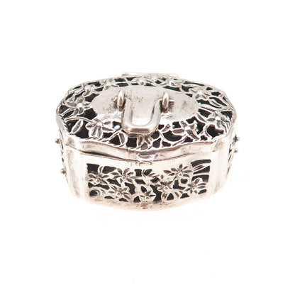 925 Sterling Silver Vintage Floral Oxidized Pill / Snuff Box Pendant