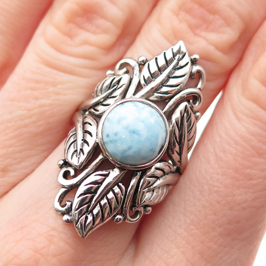 925 Sterling Silver Vintage Real Larimar Floral Oxidized Ring Size 8