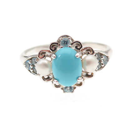 925 Sterling Silver Real Turquoise Pearl & Blue Topaz Ring Size 10.25