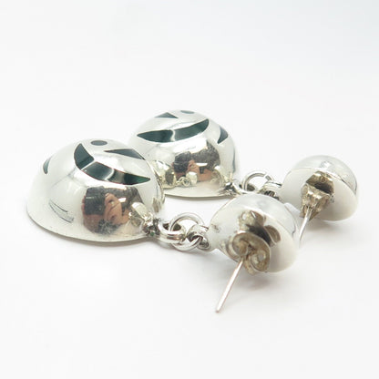 925 Sterling Silver Vintage Mexico Real Green Onyx Gem Round Dangling Earrings