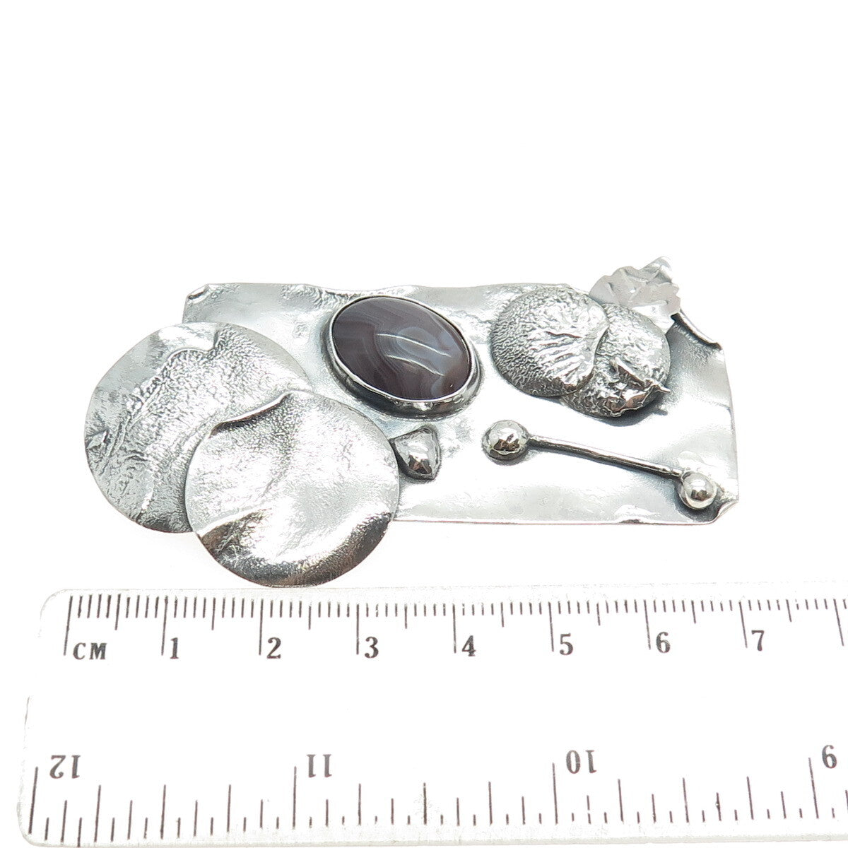 925 Sterling Silver Vintage Real Picture Agate Gemstone Modernist Pin Brooch