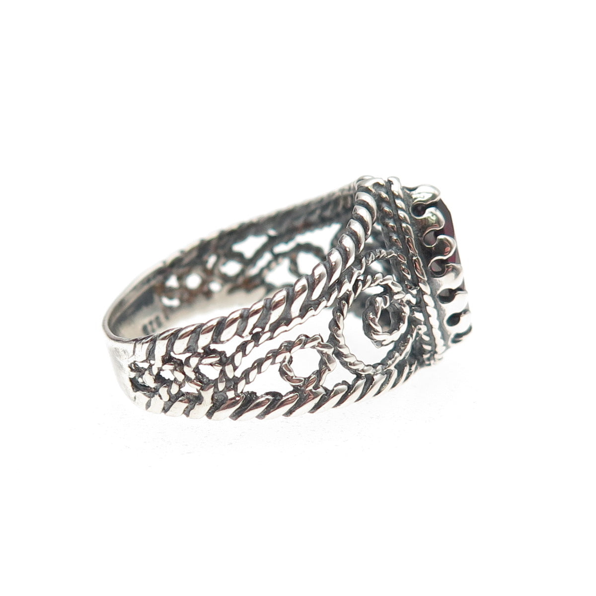 Chateau D’Argent 925 Sterling Silver Vintage Real Garnet Spiral Ring Size 8