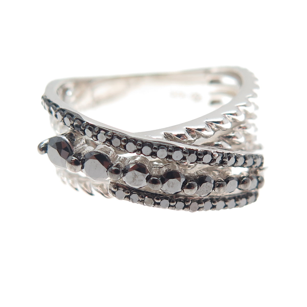925 Sterling Silver Real Round-Cut Black Diamond Crisscross Ring Size 6.25
