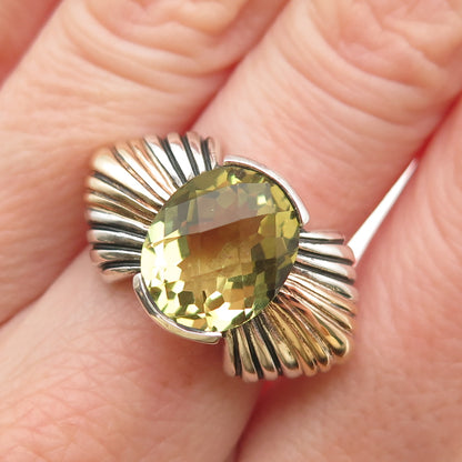 ALEX 925 Sterling Silver 14K Gold Vintage Real Peridot Modernist Ring Size 7