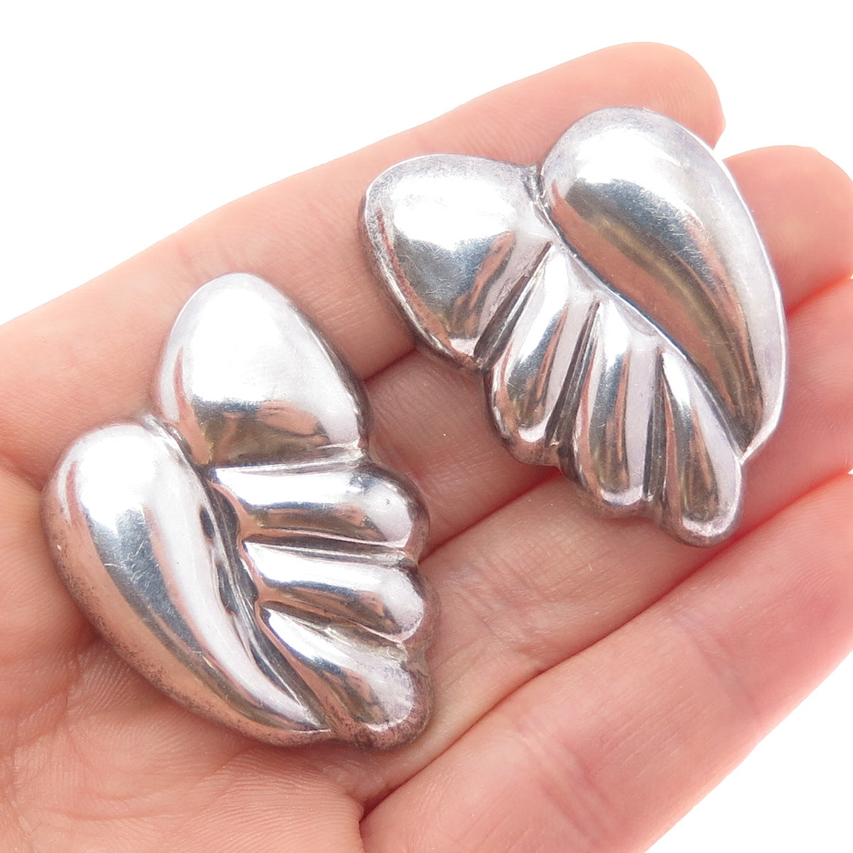 925 Sterling Silver Vintage Mexico Modernist Heart Clip On Earrings