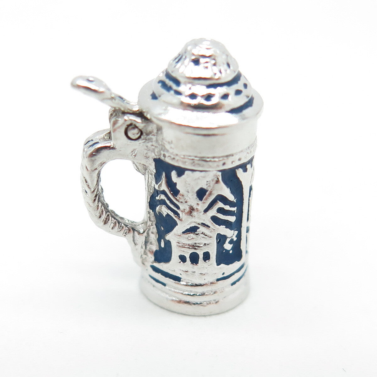 CROWN SILVER 925 Sterling Silver Antique Enamel Proposal Beer Stein Pendant