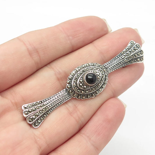 925 Sterling Silver Vintage Real Black Onyx & Marcasite Ornate Pin Brooch