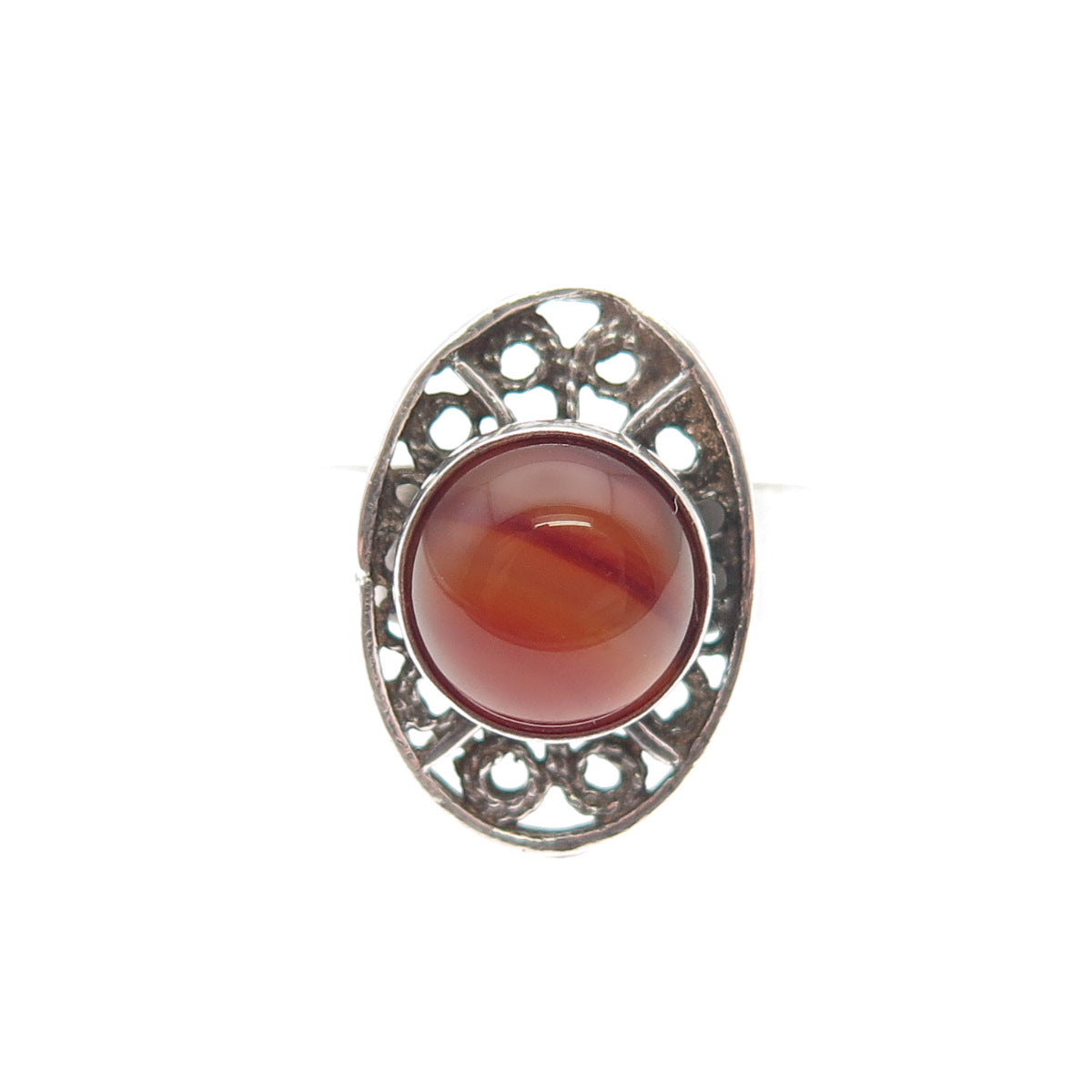 925 Sterling Silver Vintage Real Agate Filigree Adjustable Ring Size 5.75