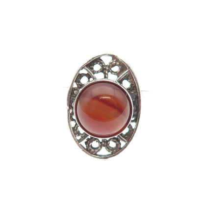 925 Sterling Silver Vintage Real Agate Filigree Adjustable Ring Size 5.75