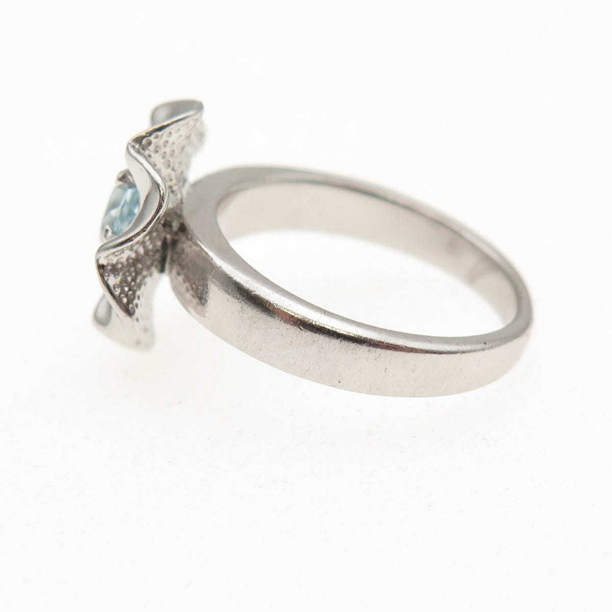 925 Sterling Silver Real Round-Cut Blue Topaz Floral Ring Size 5.75