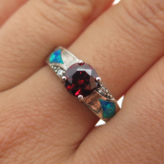 925 Sterling Silver Vintage Real Opal Red Garnet & C Z Ring Size 8.25