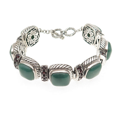 925 Sterling Silver Vintage Real Kingman Turquoise & Red Garnet Bracelet 7.5"