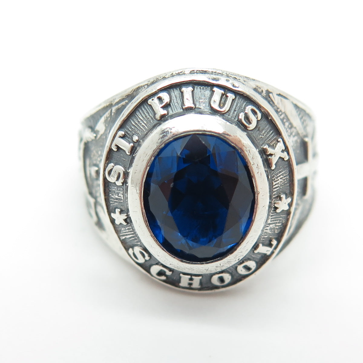 925 Sterling Vintage 1972 Lab-Created Sapphire "St. Pius X" School Ring Size 7