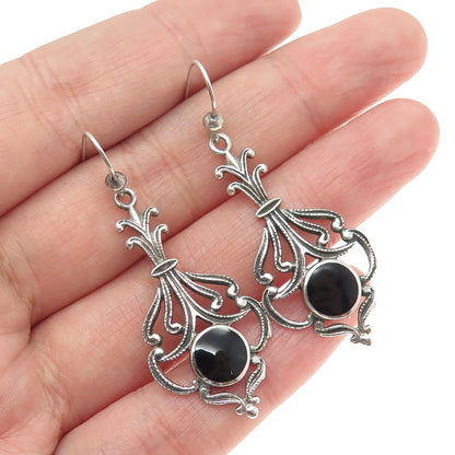 925 Sterling Silver Vintage Real Black Onyx Art Deco Style Dangle Earrings