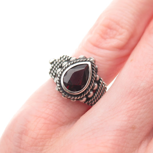 925 Sterling Silver Vintage Real Pear-Cut Red Garnet Oxidized Ring Size 4.5