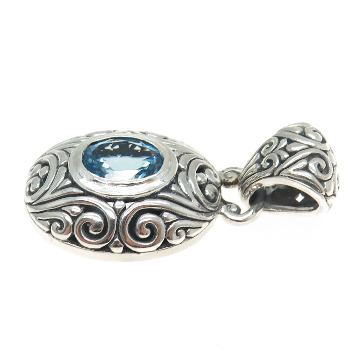 925 Sterling Silver Vintage Real Blue Topaz Gemstone Ornate Pendant