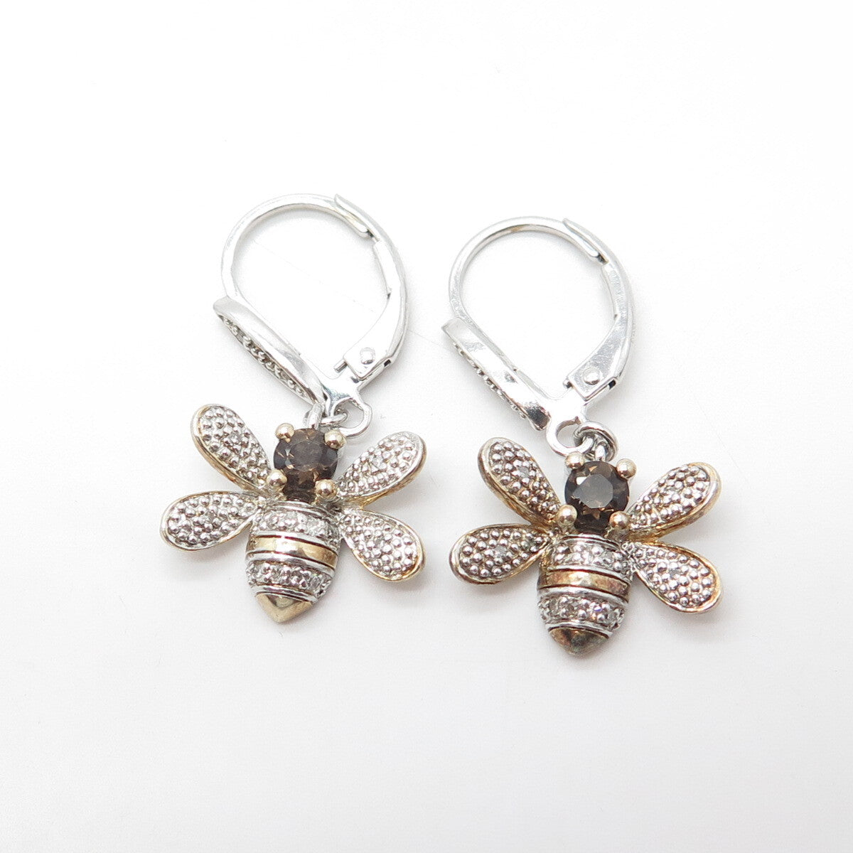 925 Sterling Silver Gold Plated White Diamond & Smoky Quartz Bee Drop Earrings