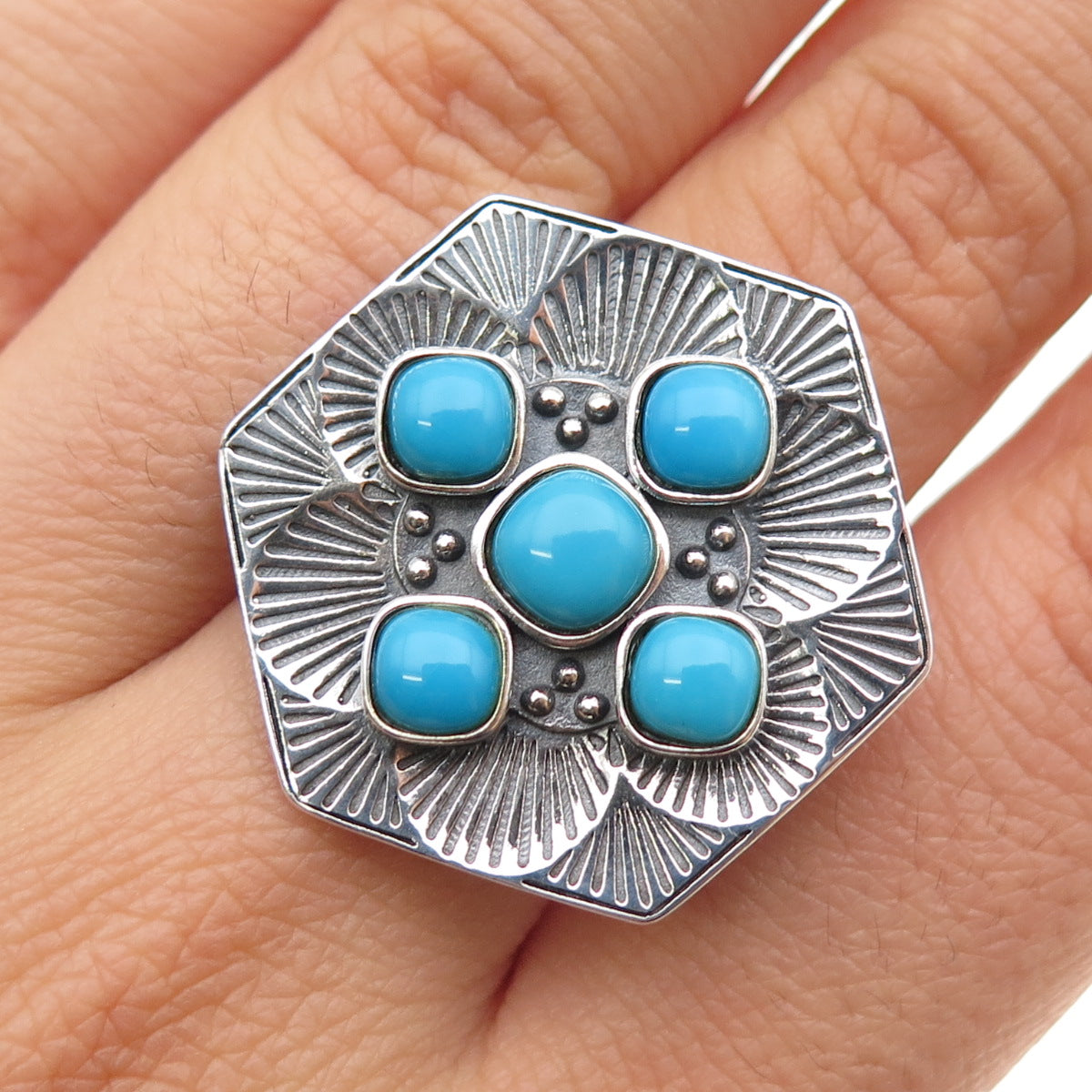 FD Felicia Design Sterling Silver Vintage Real Turquoise Oxidized Ring Size 9.25