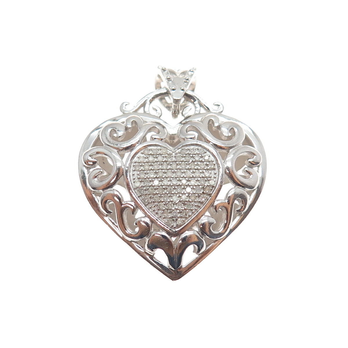 925 Sterling Silver Real Round-Cut Diamond Ornate Heart Charm Pendant