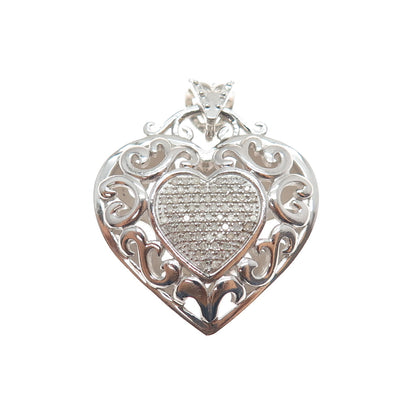 925 Sterling Silver Real Round-Cut Diamond Ornate Heart Charm Pendant