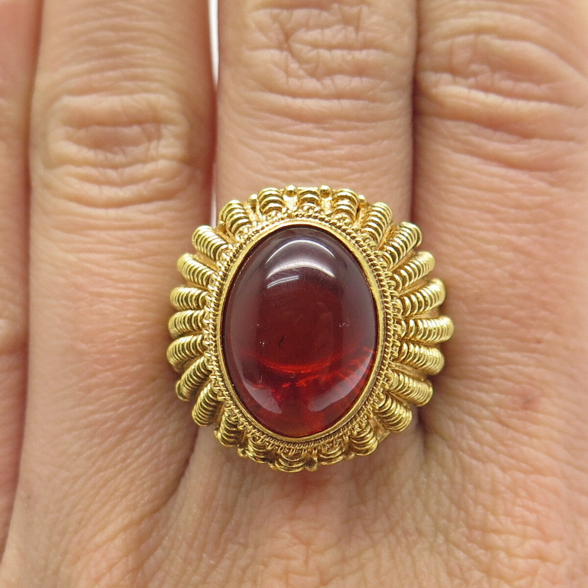 925 Sterling Gold Plated Antique Red Amber Spring Adjustable Ring Size 9.5