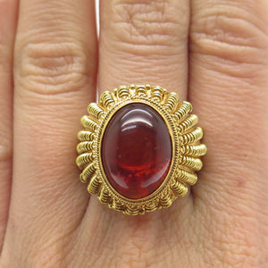 925 Sterling Gold Plated Antique Red Amber Spring Adjustable Ring Size 9.5