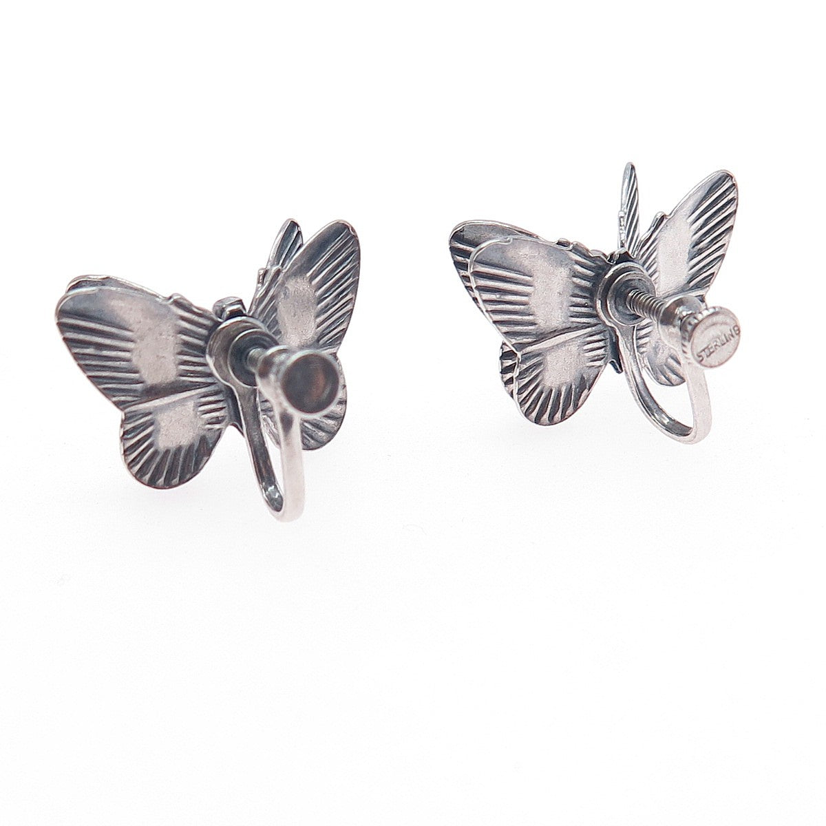 925 Sterling Silver Antique Art Deco Butterfly Oxidized Screw Back Earrings