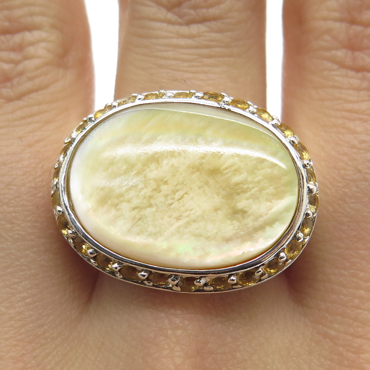 925 Sterling Silver Vintage Cream Mother-of-Pearl & Citrine Gem Ring Size 10.25