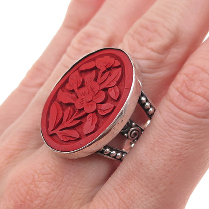 Sajen 925 Sterling Silver Vintage Carved Cinnabar Adjustable Ring Size 9.25