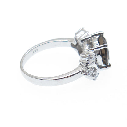 925 Sterling Silver Real Round-Cut Smoky Quartz & C Z Ring Size 7.25