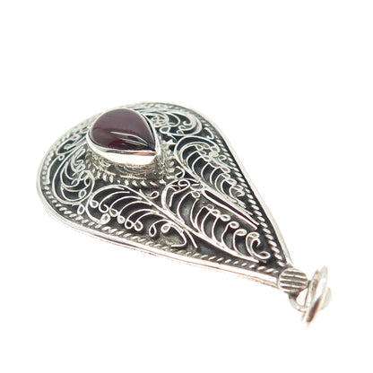 925 Sterling Silver Vintage Real Tourmaline Filigree Teardrop Pendant