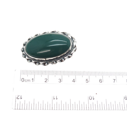 925 Sterling Silver Vintage Mexico Real Green Onyx Oxidized Pin Brooch / Pendant