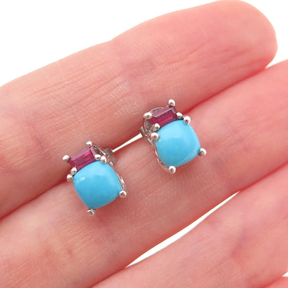 Chuck Clemency 925 Sterling Silver Real Turquoise & Ruby Stud Earrings