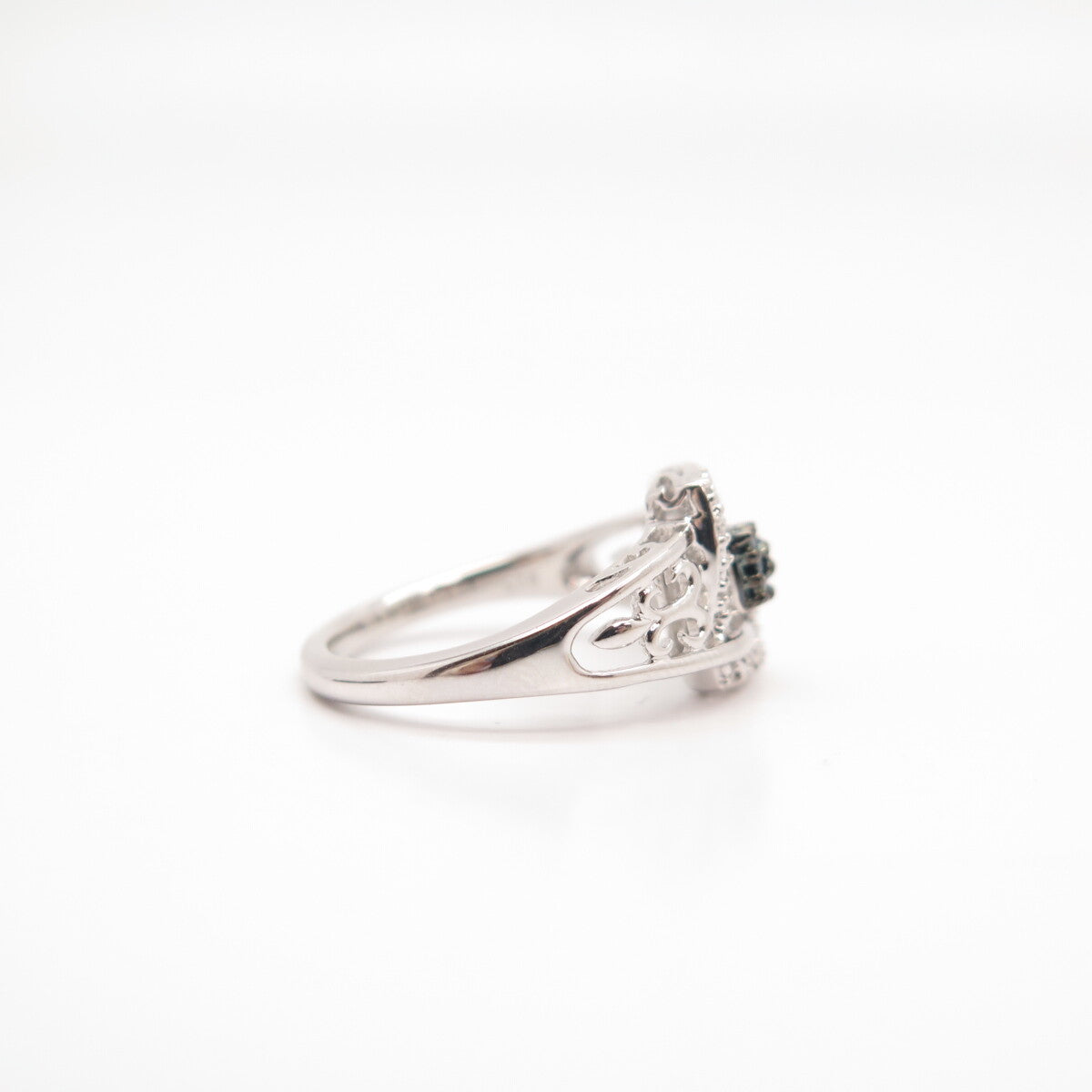 925 Sterling Silver SUN White & Blue Diamond Cutout Ornate Ring Size 7