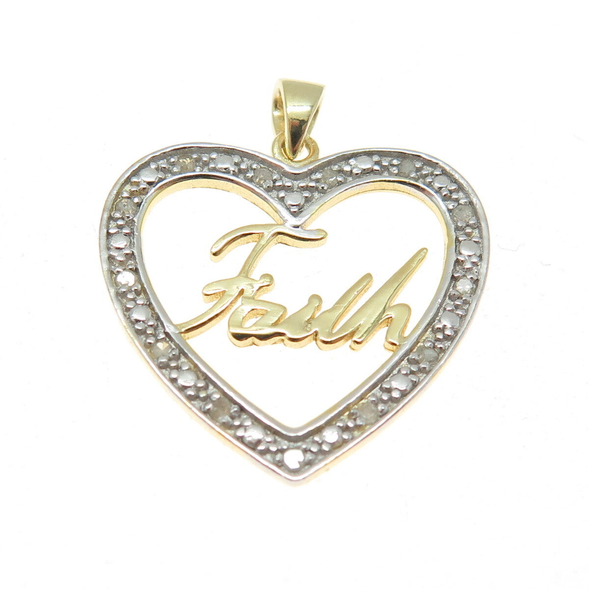 HAN 925 Sterling Silver 2-Tone Real Round-Cut Diamond "Faith" Heart Pendant