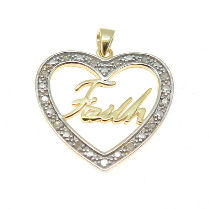 HAN 925 Sterling Silver 2-Tone Real Round-Cut Diamond "Faith" Heart Pendant