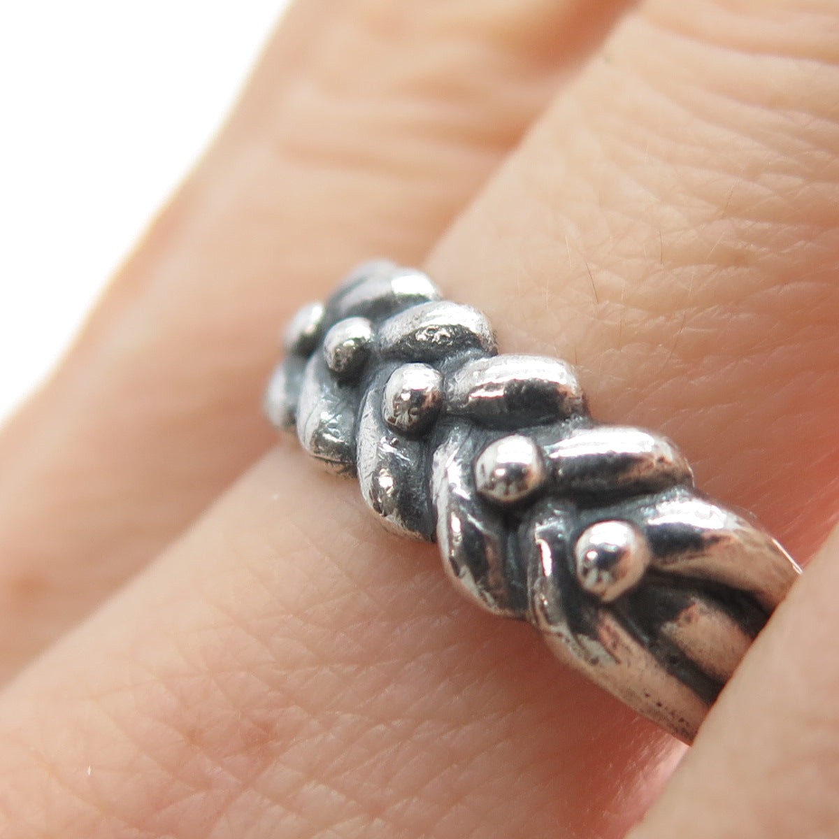 925 Sterling Silver Vintage Modernist Wheat Link Oxidized Ring Size 8.75